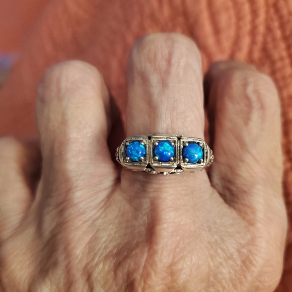 Art deco style trio blue opal sterling silver ring - Picture 4 of 6